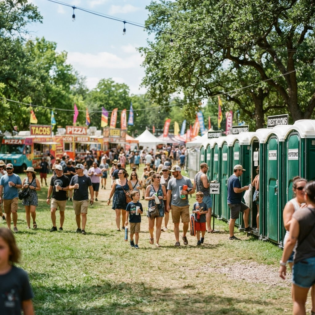 Row of portable restrooms available for rent at an outdoor event in Lorain County