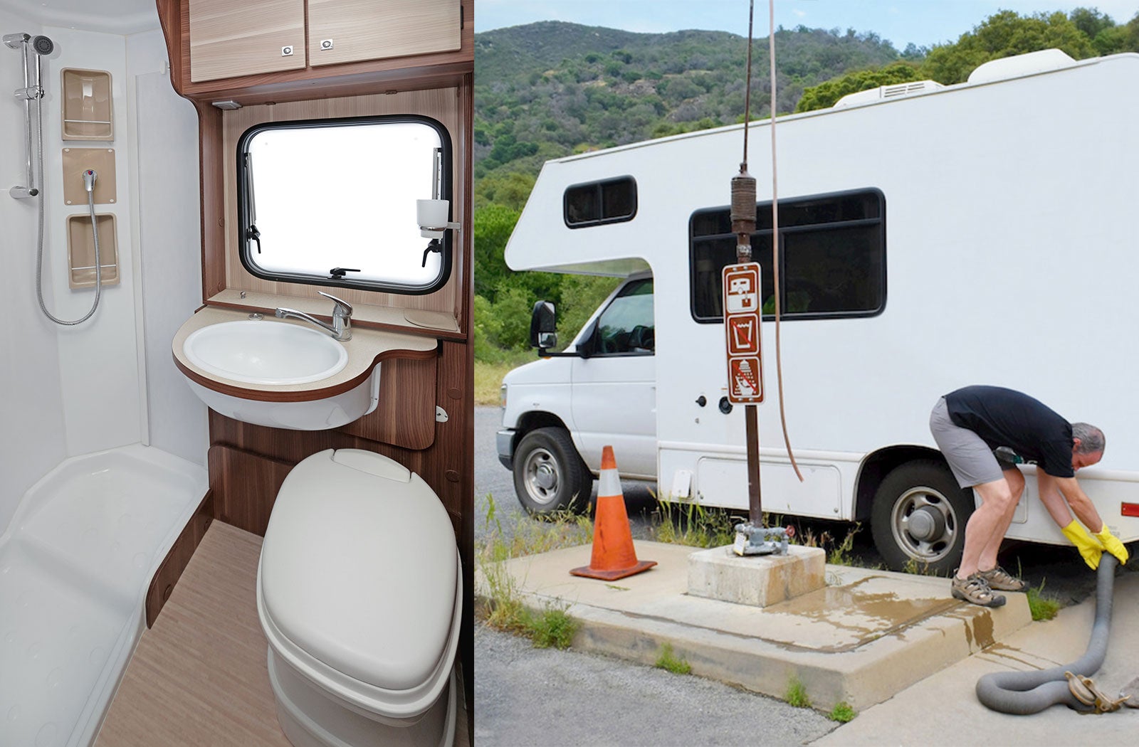 Portable toilet set up beside RVs at a campground